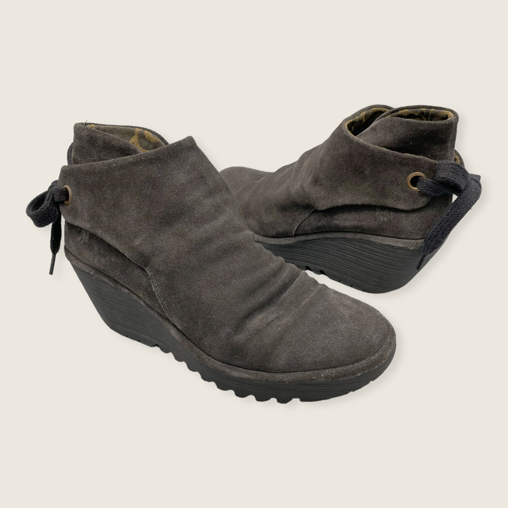 Fly London Yama Gray Suede Lace Up Back 3" Wedge Heel Ankle Boot 39 10